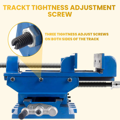 Badass Six Inch Cross Slide Drill Press Vise And Heavy Duty Bench Vice with track tightening adjustment screw close-up.