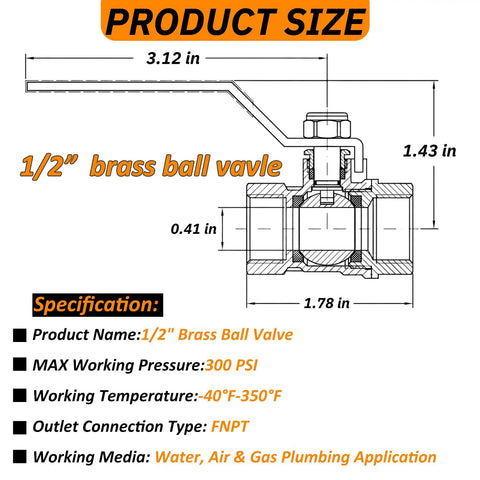 Diagram of 1/2 inch brass ball valve with measurements, showcasing Beefy Two Pack Half Inch Full Port Brass Ball Valves specification details.
