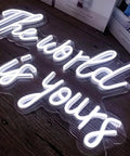 World Is Yours White LED Neon Sign For Bedroom Decor Bar Party And Cafe Vibe, USB Powered 17x11 Inches, personalized 3D art