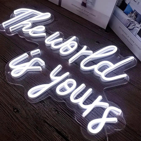 World Is Yours White LED Neon Sign For Bedroom Decor Bar Party And Cafe Vibe, USB Powered 17x11 Inches, personalized 3D art