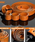 Luckyway orange 24-piece hole saw kit with 3/4–6 in (19–152 mm) hole saw blades and arbor, front view.