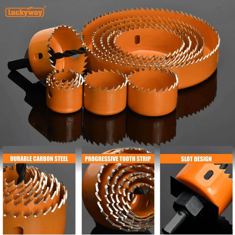 Luckyway orange 24-piece hole saw kit with 3/4–6 in (19–152 mm) hole saw blades and arbor, front view.