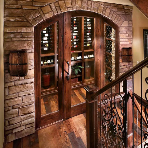 Antique Wood Wine Barrel Wall Sconce 2 Pack Up And Down Indoor Lamps For Bar Area Steampunk Vibe Theme E12 Max 60W Per Fixture Incandescent Or LED Bulbs Compatible Not Included beside rustic wine cellar entrance.