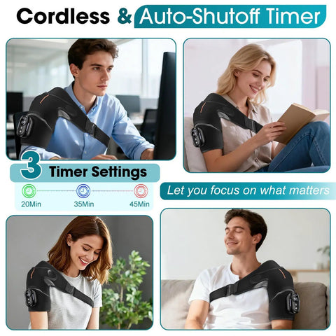 Collage of people using Cordless Shoulder Heating Pad With Massage For Frozen Shoulder And Rotator Cuff Pain Relief, showcasing auto-shutoff timer.