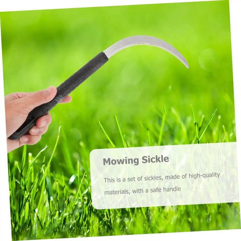 Hand holding a sickle from the Five Piece Rustproof Garden Sickle Set For Weeding And Harvesting With Comfortable Grip Handles All In One Tools