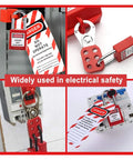 Boss Level Electrical Lockout Tagout Kit With Safety Locks Hanging Tags Key Storage Bags For Machines To Prevent Accidents Short Circuits Fires In Industry Using Abs Brass Steel Nylon Gear That Looks Sharp Is The Real Deal And Ready To Go., red lockout tagout kit with safety padlocks and warning tags on electrical switches