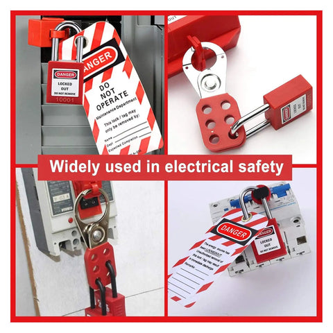 Boss Level Electrical Lockout Tagout Kit With Safety Locks Hanging Tags Key Storage Bags For Machines To Prevent Accidents Short Circuits Fires In Industry Using Abs Brass Steel Nylon Gear That Looks Sharp Is The Real Deal And Ready To Go., red lockout tagout kit with safety padlocks and warning tags on electrical switches