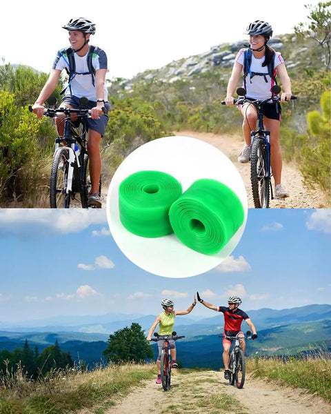 Bike Tire Liner Set for Mountain Bikes 2 Liners Puncture Protection, two green liners and mountain bikers on a trail
