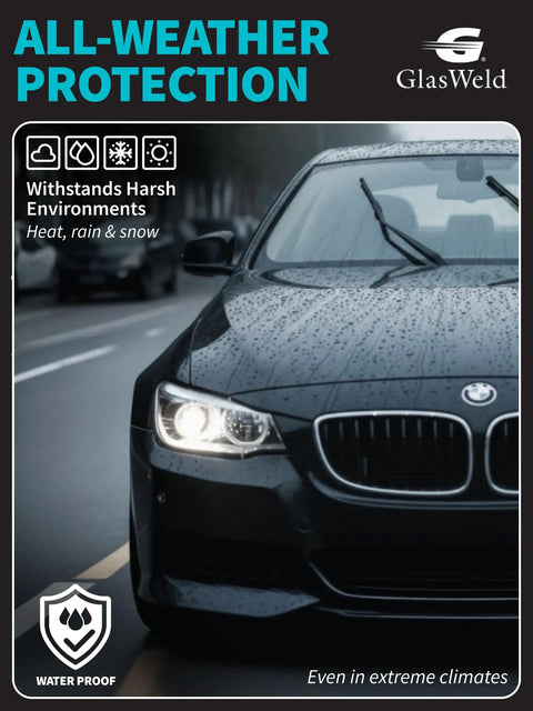 Car on wet road symbolizing all-weather protection from Pro Grade Windshield Repair Resin Kit For Cars With Liquid Glass Resin