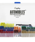 Case of 120 Assorted ATC Fuses With 10 Inline Fuse Holders And Fuse Puller Tool; organized automotive fuse kit, open view.