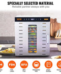 Big Time 1000W Electric Food Dehydrator With 10 Spacious Stainless Steel Trays showing fruits and vegetables drying.