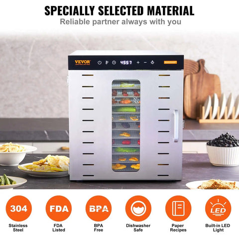 Big Time 1000W Electric Food Dehydrator With 10 Spacious Stainless Steel Trays showing fruits and vegetables drying.