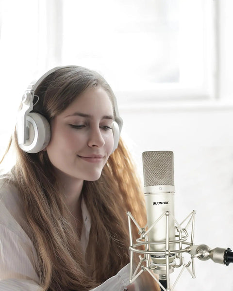 Professional XLR Condenser Microphone With 34mm Large Diaphragm Cardioid Pattern For Singing, Podcasting, YouTube, woman with headphones