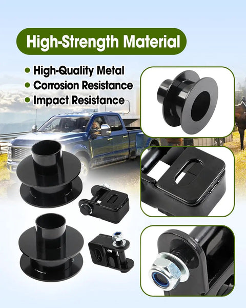 2.5 Inch Front Leveling Kit For Ford F250 F350 Super Duty 4X4 Heavy Duty Suspension Lift System components in black metal.