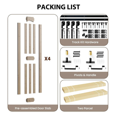 Packing list for Heavy Duty 80 Inch Double Bifold Barn Door Hardware Kit With Super Slick Spring Steel Tracks and Smooth Glide Rollers.