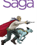 Cover of Saga Volume Two by Brian K. Vaughan and Fiona Staples, featuring a man with a cape and a blue creature.