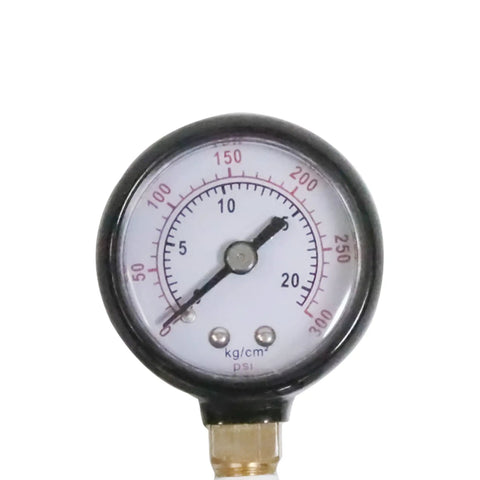 Close-up of 300 PSI gauge on Second Stage Regulator Adjustment Tool With 300 PSI Gauge Stainless Steel Build For Pro Dive Maintenance Calibration Repair And Gear Setup For Scuba Enthusiasts