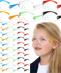 Child wearing 12 Pcs Kids Safety Goggles Bulk Eye Protection For Science Class Lab And Sports Youth Size Multicolor.