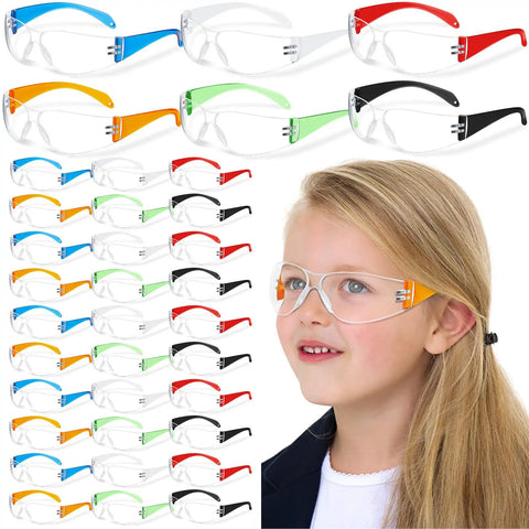 Child wearing 12 Pcs Kids Safety Goggles Bulk Eye Protection For Science Class Lab And Sports Youth Size Multicolor.