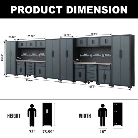 Heavy Duty Steel Garage Storage Cabinet Setup 18PC Modular Workshop Rig dimensions with width 130.9" and height 75.59".