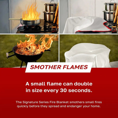 StaySafe All-In-One Portable Fire Extinguisher With Signature Fire Blanket smothering flames on stove and grill.