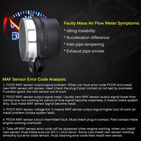 Mass Air Flow Sensor For Chevy Silverado Suburban 1500 2500 Tahoe GMC Yukon XL 1500 Sierra Cadillac Escalade 5.3L 6.0L 4.8L And More Replaces 25168491 AF10043 25318411, side view with error analysis text