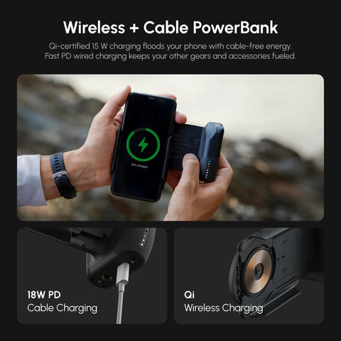 Person holding DSLR Style Phone Battery Grip With Built In Power Bank And Qi Wireless Charging, charging phone wirelessly.
