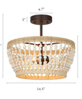 Wood Beaded Semi Flush Mount Ceiling Light 3 Light Farmhouse Boho Style Cozy Chandelier with dimensions shown