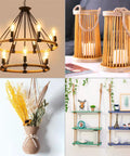 Rustic home decor items including a jute wrapped chandelier, wooden candle holders, dried flowers in a vase, and rope hanging shelves.