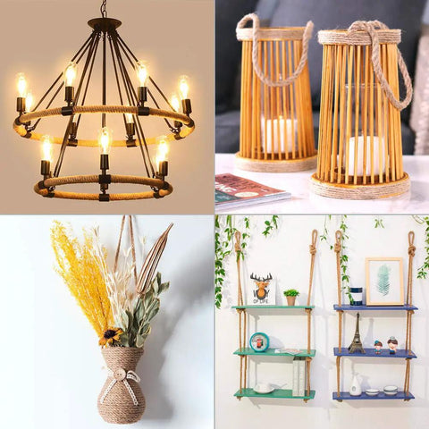 Collage of home decor ideas using 5Mm Jute Rope 98 Feet Heavy Duty Natural Twine for crafts, shelving, hanging lights, and plant support.