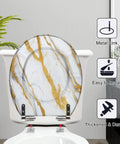 Round Resin Toilet Seat for Bathroom with marble design and gold streaks, mounted on toilet with adjustable metal hinges.