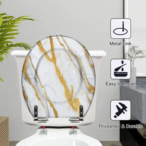 Round Resin Toilet Seat for Bathroom with marble design and gold streaks, mounted on toilet with adjustable metal hinges.