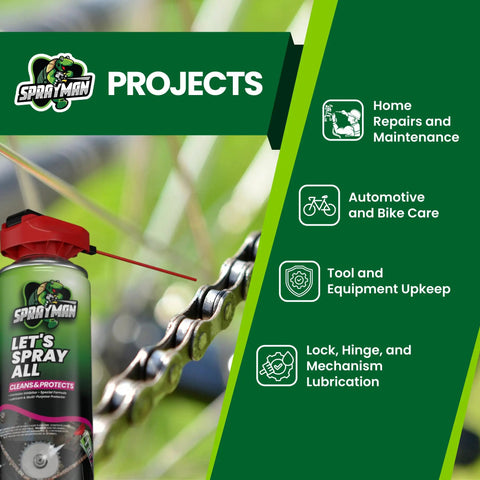 All Corrosion Inhibitor Penetrating Oil And Multi Use Lubricant Two Pack 2x11 Oz bottle next to bicycle chain; features listed