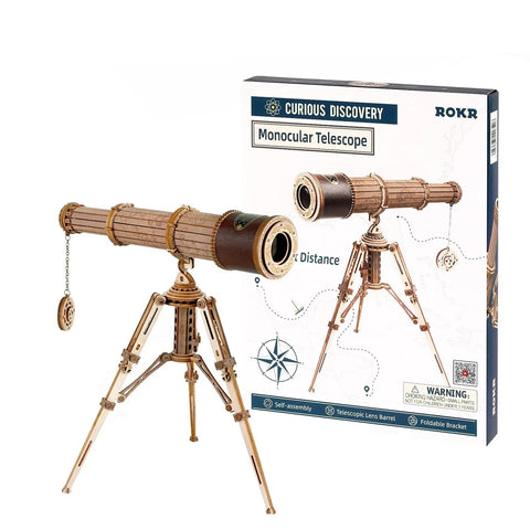 3D Wooden Monocular Puzzle Kit With Working Telescopic Tube DIY Science Model Build For Adults And Teens One To One Replica Monocular Dope Display Item Unique Gift For Curious Minds, wooden monocular on tripod and box