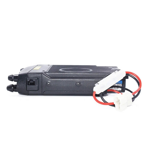 Side view of Dual Band Mobile Transceiver With 50 Watt VHF And 40 Watt UHF Power, Cross Band Repeater Mode, power cables visible