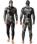 Front and back view of mens camo spearfishing wetsuit 3mm and 1.5mm neoprene two piece hooded long sleeve dive set with chest and knee pads