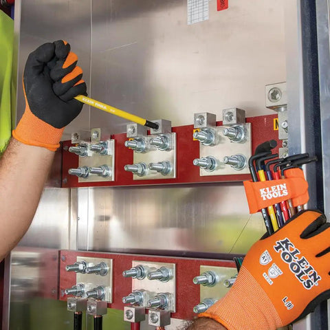 Technician using Color Coded Hex Key Wrench Set With Long Arm L Style And Ball End SAE And Metric 18 Piece Kit for electrical work