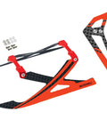 Aluminum and carbon fiber landing gear with fin for Blade 120 S, painted orange and black, lightweight and durable for RC helicopter upgrade.
