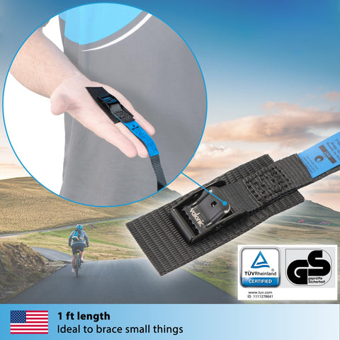 Hand holding Short Lashing Straps With Padded Webbing, 4 Pack, 1 Ft Each, 350 Lbs Break Strength, Cam Buckle, Black Tie Down Straps