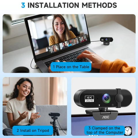 Plug And Play 4K Webcam Delivers Pristine Video Clarity And Smooth Audio For Stress Free Streaming Rock Solid Compatibility, featuring installation methods.
