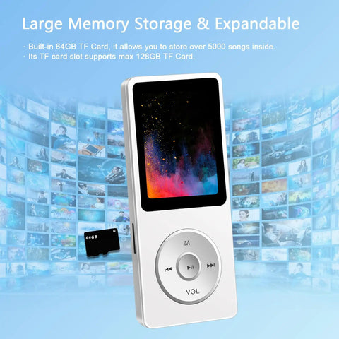 Bluetooth MP3 Player With Dope Built In Speaker And 64GB Card, showing large storage capacity against multimedia background.