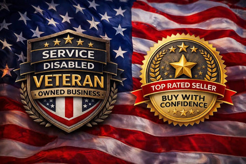 Service Disabled Veteran Owned Business and Top Rated Seller badges on a USA flag background.