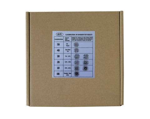 Brown box with adhesion test chart for Cross Hatch Adhesion Test Tape Go-To 1 Inch Wide 160 Feet Gray ASTM D3359 Compliant