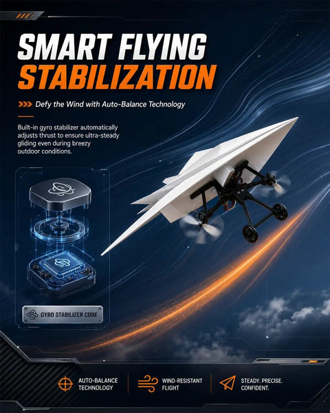RC Paper Airplane Motor Kit With Gyro Stabilizer And Dual Propellers For Grownups, showing auto-balance technology.