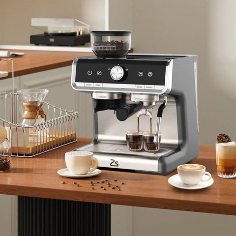 Pro 20 Bar Espresso Machine With Built In Conical Burr Grinder And Steam Wand For Pulling Smooth Shots And Crafting Rich Lattes Solid Home Barista Gear With Gray Silver Finish on wooden table.