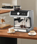 Professional Home Espresso Machine With Quick Grind Core And Rich Milk Frother, 20 Bar Pump For Pulling Tight Shots, 30 Grind Settings And Dual Cup Setup on kitchen counter brewing coffee.