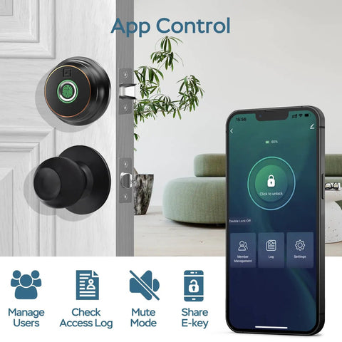 Top Tier Fingerprint Deadbolt Smart Lock With Bluetooth App Control And Steel Keys For Main Entrance showing app control and door lock.