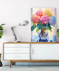 Hydrangea In Glass 5D Diamond Painting Kit For Adults Full Drill Diamond Art DIY Crystal Craft For Beginners Perfect Home Wall Decor Gift 11.8 By 15.7 Inch displayed on a white cabinet.