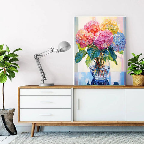 Hydrangea In Glass 5D Diamond Painting Kit For Adults Full Drill Diamond Art DIY Crystal Craft For Beginners Perfect Home Wall Decor Gift 11.8 By 15.7 Inch displayed on a white cabinet.