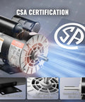 CSA certified 3.7 HP Air Compressor Motor, 3450 RPM, 230V, Single Phase, 56 Frame, details highlighted, cooling system visible